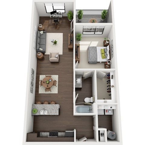 Floor plan for 1 bed, 1 bath, 956 sqft
